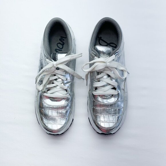 Sam Edelman Soft Silver Metallic Leather Lace-Up Sneakers, Size 7.5 New - Picture 4 of 7